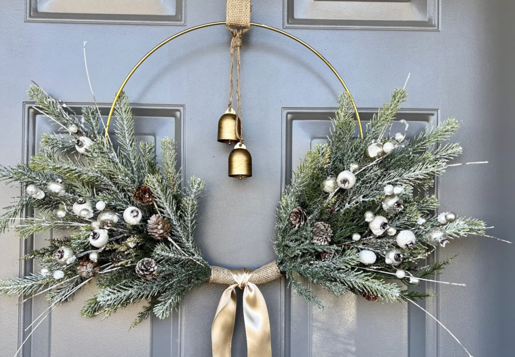Modern famhouse circle wreath with bells and satin bow